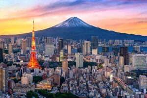Aerial view of Tokyo cityscape with Fuji mountain in Japan.